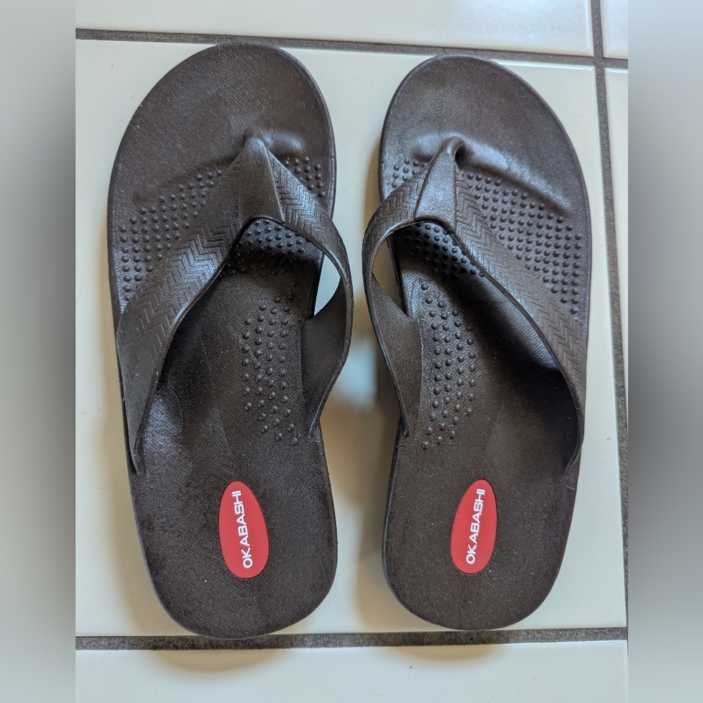 New Men's Size 9-10 LL Okabashi Brown Sandals Flip Flops Full Rubber USA Made
